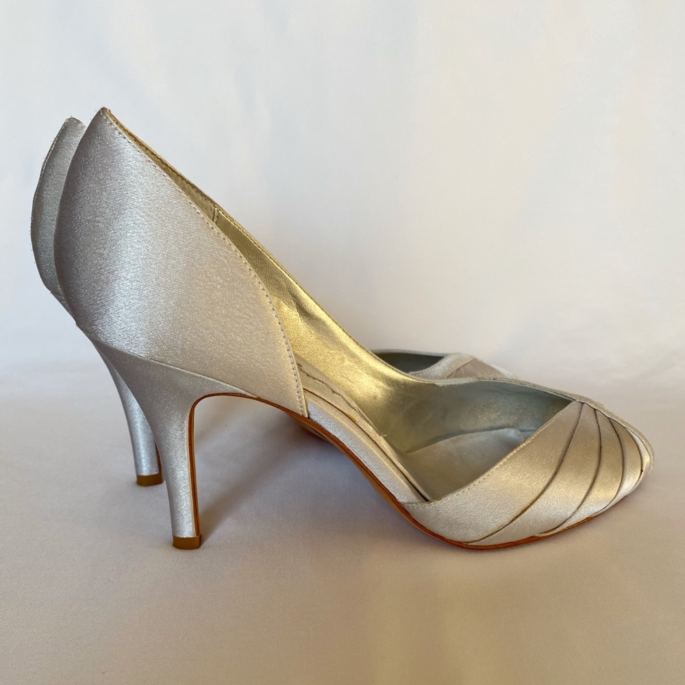 Nina 3” metallic silver satin peep-toe heels